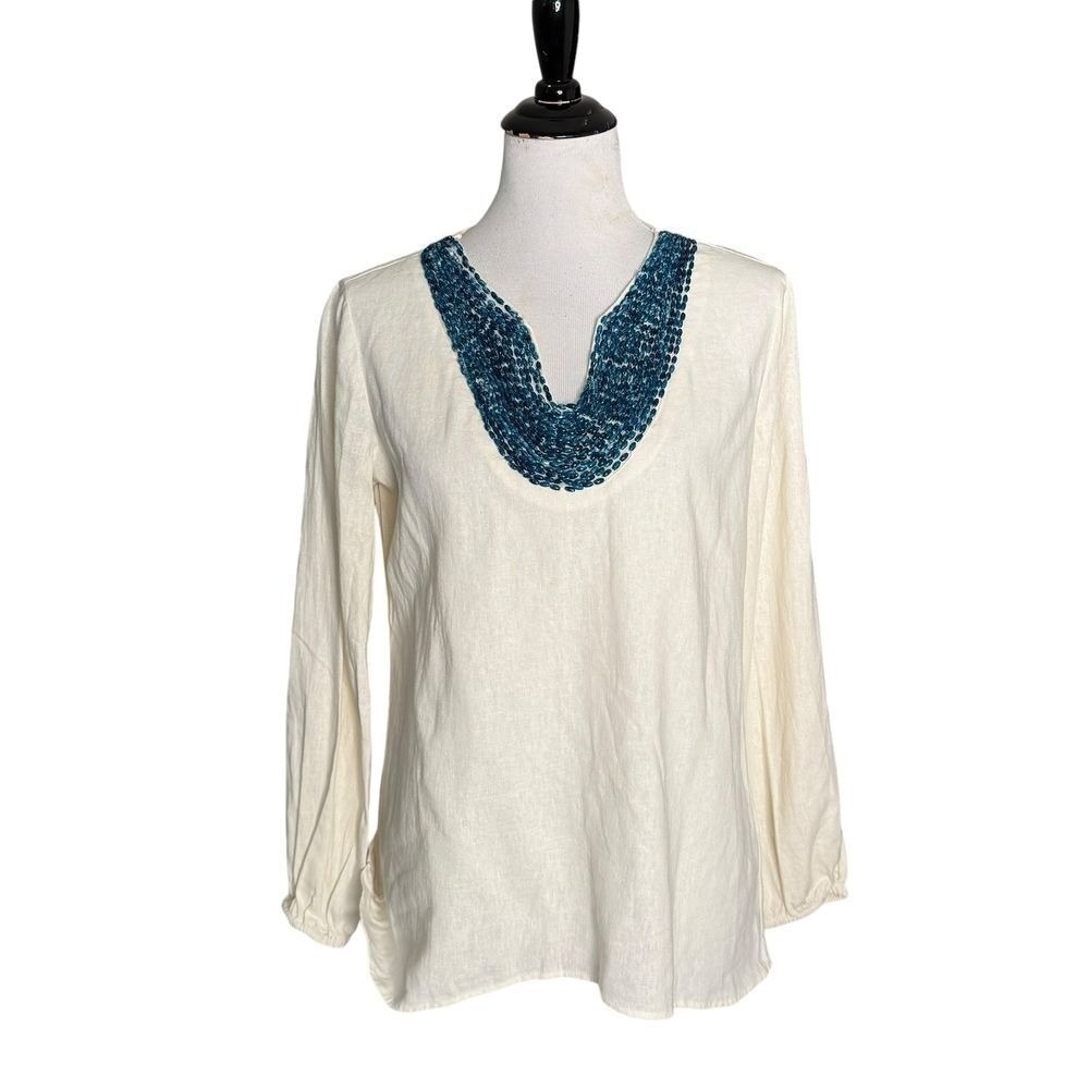 Linen Tunic Blouse Beaded Teal V Neck Boho Coastal Resortwear Top Size S